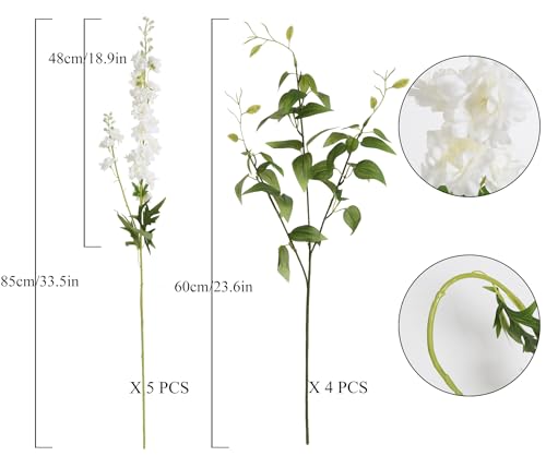 IPOPU White Flowers Artificial Delphinium 9PCS with Clematis Greenery for Wedding & Home Decor